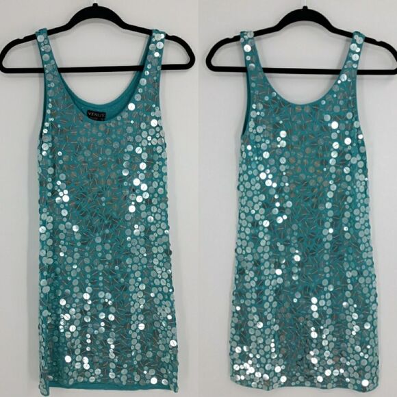 VENUS Dress Disco Mermaid Sequined Tank Mini Scoop Neck Aqua Watercolor Size S - Picture 1 of 11